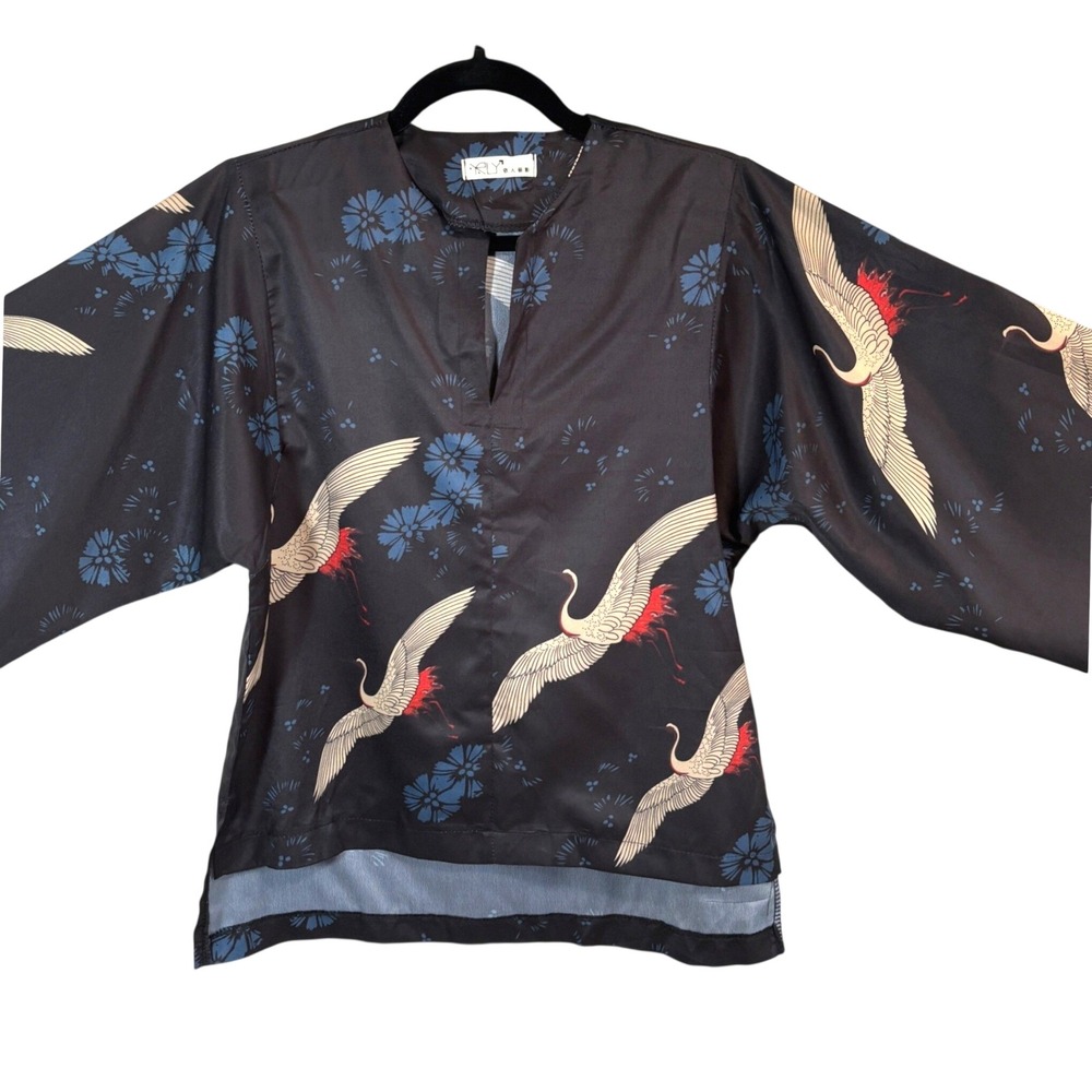 YRLY Crane Print Kimono Tunic Women Size Small Black Japanese Silky Boho Artsy